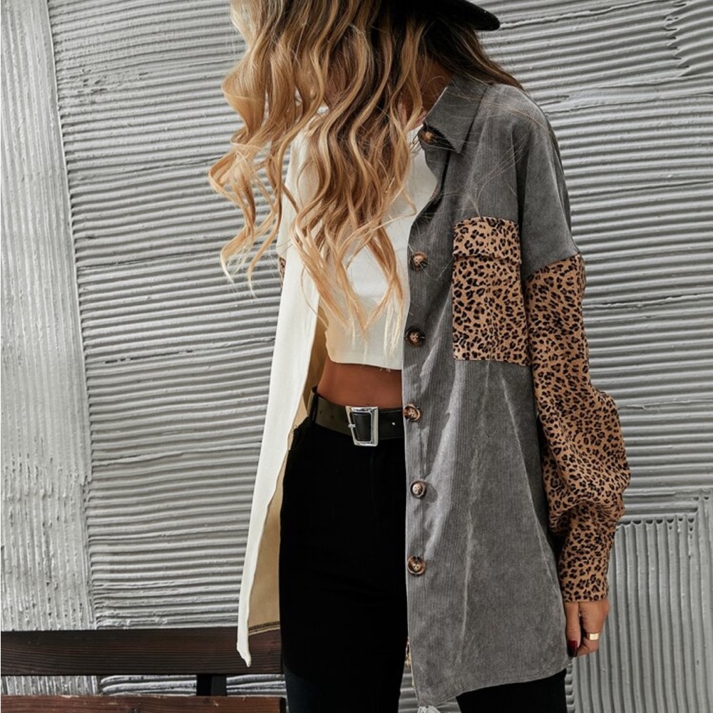 Cozy Corduroy  Oversized Relaxed fit Leopard Print Patch Work Button Down Shirt - Picture 16 of 16